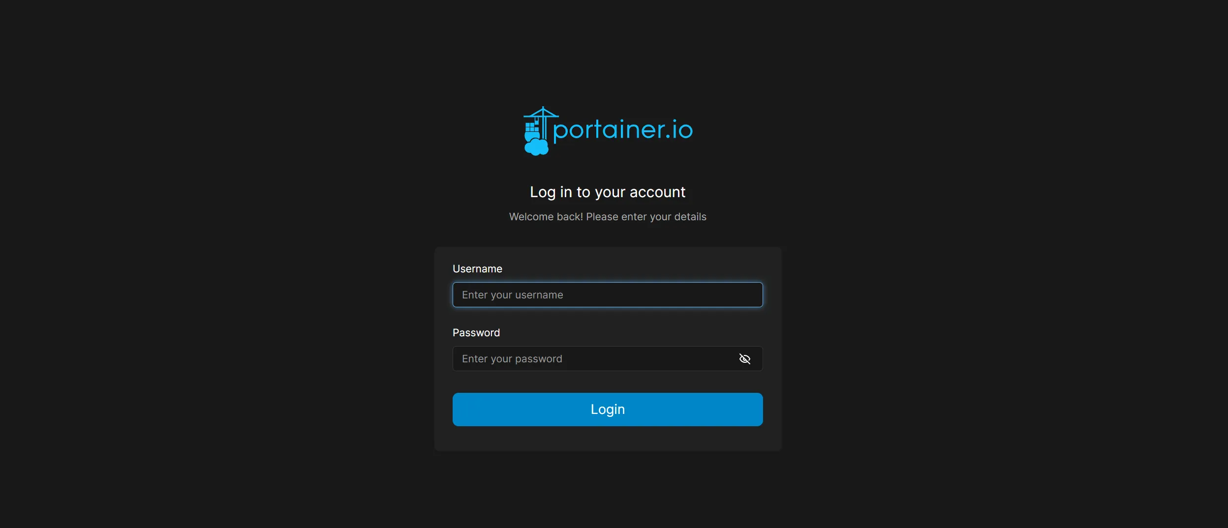 Portainer login screen for Docker on WSL2